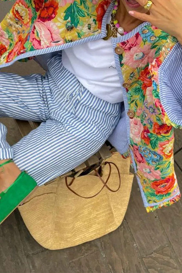 xiangtuibao Patchwork Floral Print Cozy Button Thru Coat