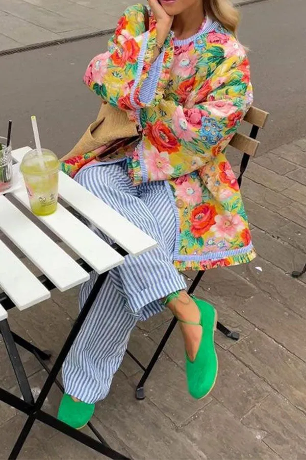 xiangtuibao Patchwork Floral Print Cozy Button Thru Coat