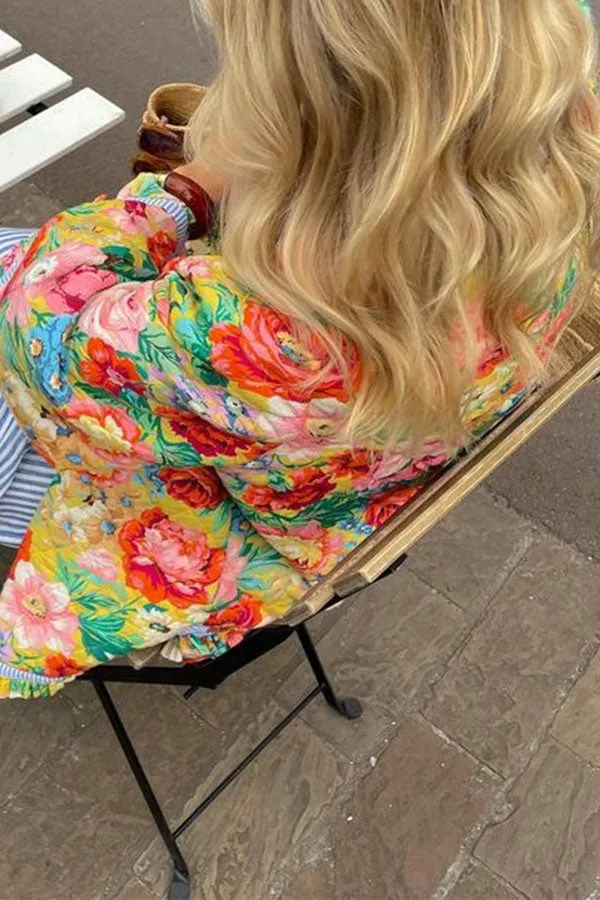 xiangtuibao Patchwork Floral Print Cozy Button Thru Coat