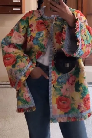xiangtuibao Patchwork Floral Print Cozy Button Thru Coat